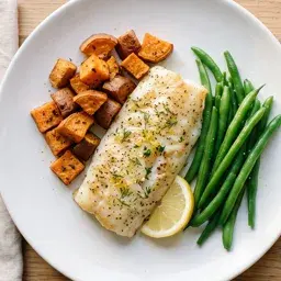 Jantar: peixe assado, batata doce e vagem